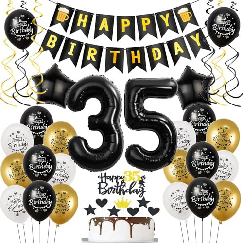 Luftballons 35. Geburtstag Schwarz Golden, Geburtstagsdeko 35 Jahre Mann Frauen, Ballon 35. Geburtstag, Folienballon Zahl 35, deko 35. geburtstag Frauen, Schwarz Tortendeko 35 Mann Deko