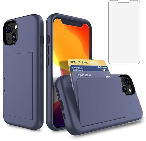 Asuwish Phone Case for iPhone 15 6.1 inch with Tempered Glass Screen Protector Cover and Credit Card Holder Stand Slim Hybrid Mobile Cell Accessories iPhone15 5G i i-Phone i15 15Case Men Navy Blue