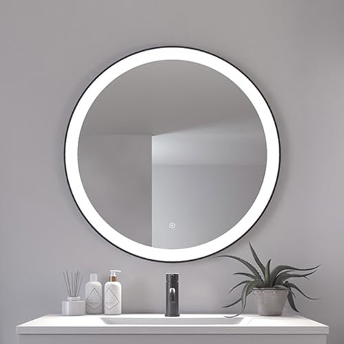 Loevschall Libra Modernes Badspiegel mit Beleuchtung, Spiegel Rund 80 cm, Smart Mirror mit Touch-Schalter, Schwarzer Rahmen, Badezimmer Spiegel mit 5 cm LED Lichtfield, Helligkeit Dimmbar, CRI > 90