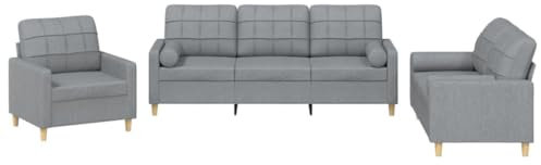 vidaXL Sofagarnitur 3-TLG., Sessel Couch mit Kissen, Sofa Wohnzimmersofa mit Armlehnen, Couchgarnitur Designsofa Sitzmöbel Polstermöbel, Hellgrau Stoff