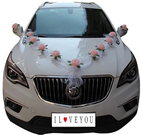 Autoschmuck Hochzeit Dekorationsset, Car Wedding Girlande, Blumenschmuck Auto, DIY Weiß Gaze Rosendekoration Set Mit 9 Rosen, 2 x 1.6 M Lange, Champagner-Rosa