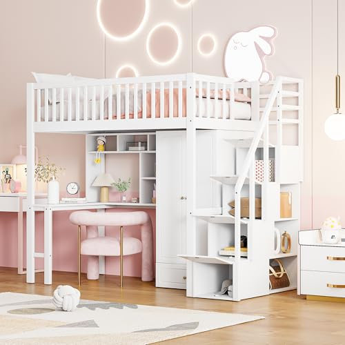 LTGB Hochbett mit Schreibtisch und Schrank, Kinderbetten 90x200 mit Stauraumtreppe und Bücherregal, Funktionsbett Etagenbett Stockbett Jugendhochbett, ohne Matratze