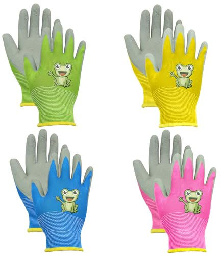 BORISCA 4 Paar Gartenhandschuhe Kinder, 4 Farben Arbeitshandschuhe Kinder Cartoon, Niedliche Frösche kinderhandschuhe Garten Verschleißfeste Rutschfeste Schutzhandschuhe für 5-7 Jahre kinder