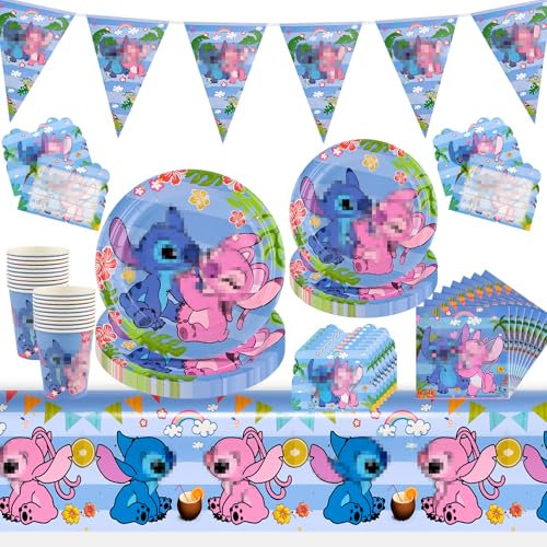 WuGU Vajilla Cumpleaños Infantil, 102 piezas Conjunto de Vajilla de Fiesta, Suministros de Fiesta con Plato, Vasos, Servilleta de Papel, Mantel, Tarjetas de Invitación para 20 Personas