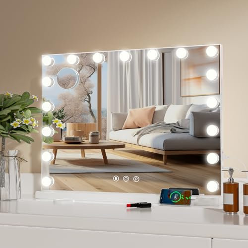 Aovquof Hollywood Schminkspiegel mit Beleuchtung, 70×55cm, Großer Beleuchteter Spiegel mit 17 LED-Leuchten, 3 Lichtmodi, Schminkspiegel mit USB und 10x-Lupe, Wandspiegel, Tischspiegel- Weiß