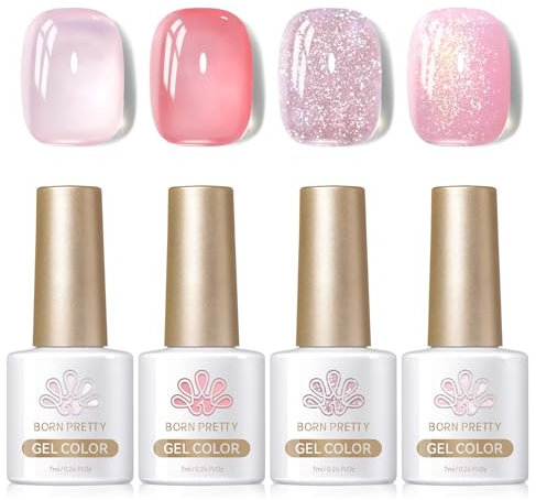 BORN PRETTY Jelly Pink Gel Nail Polish Shimmer Pearl Glitter Gel Polish 4 Colors French Manicure Sheer Nude Jelly Gel Varnish Soak Off U V Gel Set for Home DIY Manicure
