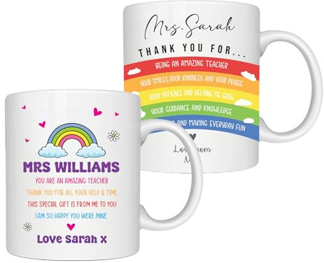 Star Online 2 x Personalised Teachers Thank You Gift for Woman Mug 11oz Best Present Teaching Assistant 11oz Coffee Tea Multipack Nursery Teacher Gift Rainbow