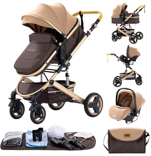 GLOKID Passeggino 3 in 1，Passeggino Canne，Trio，Con Seggiolino Accessori，Adattatori universali，Passeggino per bambini fino a 25 kg，4 ruote con ammortizzatori，navicella，grandi ruote (530 cachi)