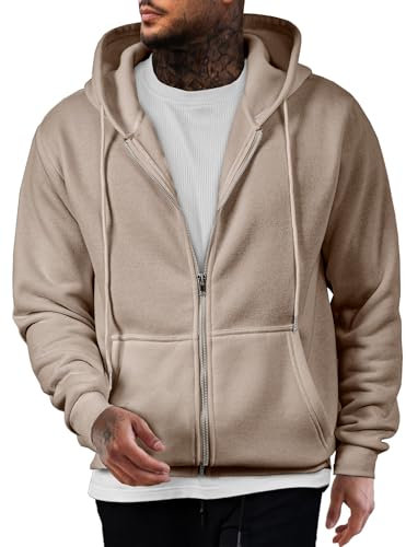 JMIERR Hoodie Herren Einfarbig Baumwolle mit Reißverschluss Pullover Langarm Sweatjacke Kapuzenpullover Sweatshirt,Khaki L