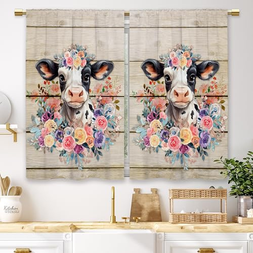 Laifzere Vorhänge im Landhausstil, niedliche Hochlandkuh, Holzmuster, Blume, Bulle, Bauernhof, Kurze Café-Vorhänge, Tiermotiv, Küche, Bad, Stangentasche, Scheibengardinen, 2 Paneele, 70 x 99 cm