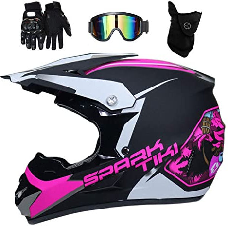 Jugend Dualer Sport Motocross-Helm, mit Brille Maske Handschuhe, Unisex Vollgesichtig MTB Offroad Motorrad ATV Roller Absturz Helm, Bergab Enduro-Rennen Quad Dirtbike Helm(Pink,L/56-57CM)