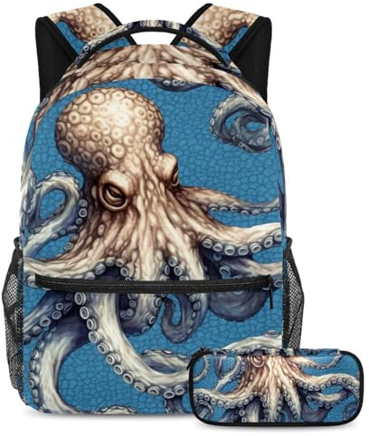 Rucksack mit Federmäppchen, 2-teiliges Schultaschen-Set für Jungen, Mädchen, Teenager, Reisebuchtasche für Studenten, cooles Meerestier-Oktopus 11, Coole Meerestier-Krake, Größe L