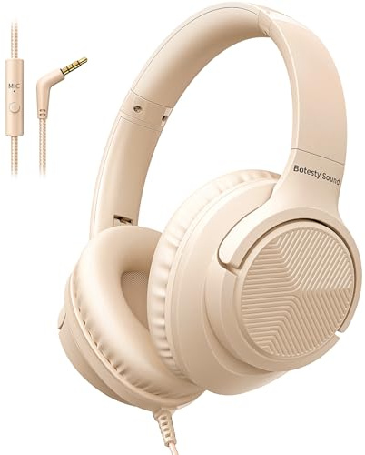 Botesty Sound Headphones Wired with Microphone, Over Ear Foldable 3.5mm Plug in Headphones Corded with 4.9ft Tangle-Free Nylon Cord for Tablet, Laptop, MP3/4, School, Airplane Travel (Beige)