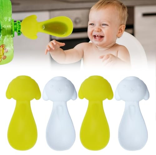 QOMJUFA 4 Pcs Cucharas de Silicona para Bebés y Accesorios para Bolsas de Comida, Cuchara Silicona Bebé, Cuchara Bebe, Fáciles de Limpiar, Antifugas, Ideales para Alimentación (blanco + Azul)