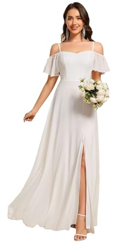 Ever-Pretty Women's Maxi Ruffles One Shoulder Short Sleeve Empire Waist A Line Chiffon Bridesmaid Dresses with Side Slit White 8UK