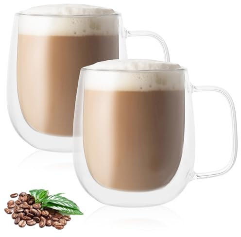 APACALI 2 tazze da caffè in vetro a doppia parete, 400 ml, a doppia parete, con manico, per cappuccino, bicchieri da caffè trasparenti con manico, per latte macchiato e cappuccino