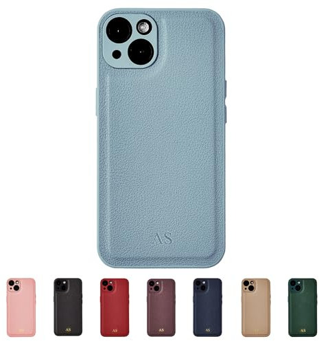 Tirita Personalised Leather Phone Case for iPhone 13 Pro – Leather Light Blue Case or Cover With Custom Initials – Personalised Gift for Women or Men [06. Pastel Blue Embossed (No Gold) Initials]