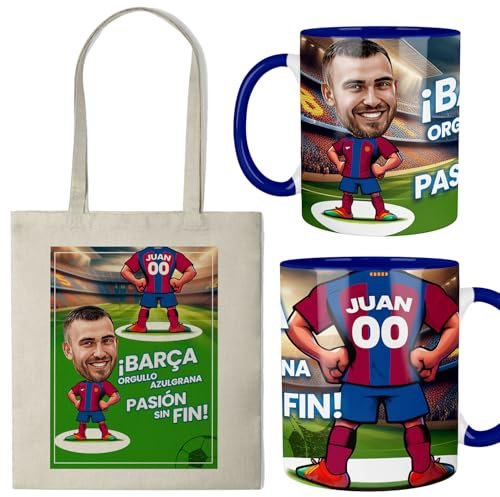 Kembilove® Taza personalizada fútbol Barça | Taza con caricatura y bolsa personalizada | Regalo original para culés | Personaliza con tu nombre y número | Afición Barcelona