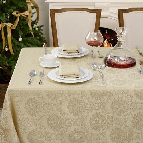 Romanstile Beige Tischdecke Outdoor groß 150x300 cm Jacquard abwachbar und wasserabweisend,Fleckenschutz,Festliche XXL Tischdecken Vintage Barock Design für Frühling,Ostern,Restaurant,Esstisch