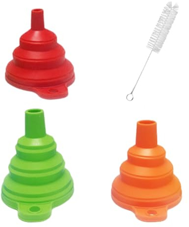 KEQAR 3 faltbare Silikon-Trichter-Set – 3 Farben, 3 Größen, + Reinigungsbürste, Küche & Outdoor