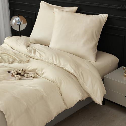 SAPHREAS Bettwäsche 200x220 100% Gewaschene Baumwolle 3teilig, Bettwäsche Sets mit Reißverschluss & 8 Schlaufen, Oeko-Tex Zertifiziert Bettbezug für Allergiker, Milchgelb(Ohne Bettdecken)
