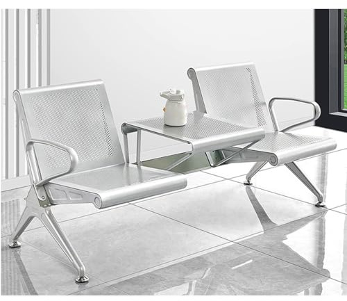 LIKANGLONGJU Zweisitzige Wartezimmer Stühle aus Metall, Sitzbank Lobbystühle mit Metall Couchtisch und Armlehnen, für Flughäfen, Büros, Silber