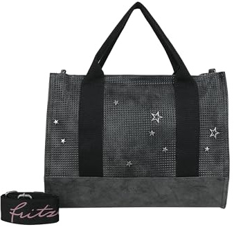 Fritzi Tote Bag Limited Full of Stars Shopper Handtasche Schultertasche Vegan Kunstleder Stern-Nieten Damen Einkaufstasche mit Webbing-Gurt und Reißverschluss 29,5 x 40 x 14 cm, Dunkelgrau