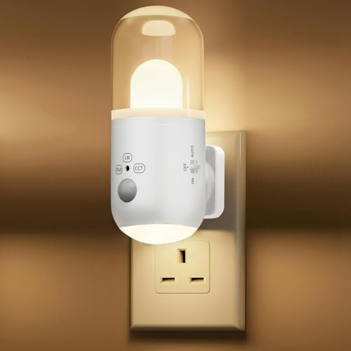 SuglanBee Night Light Plug in Wall with Motion Sensor & Dusk to Dawn Sensor | 3 Color Temperatures,5-Level Dimming (20-240 LM) RGB LED Night Light for Bedroom, Hallway, Stairs (White 1pcs)
