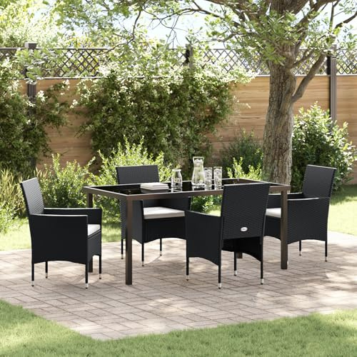 IBUQDDV 5-teilige Garten-Essgruppe Schwarz Poly-Rattan Set mit Stahlrahmen, Wetterfeste Outdoor Möbel für Terrasse Garten Balkon, Modernes PE Rattan Esszimmergarnitur