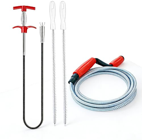 Rohrreinigungsspirale Set 4-teilig – 5m Spirale, 1.5m Greifer & 2 Bürsten | Abflussreiniger Spirale für Verstopfungen in Toilette, Waschbecken, Badewanne