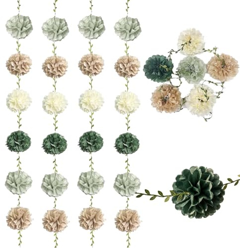 4PCS Deko Grün Gold Papier Pompoms Deko TREABEAR, Deko Salbeigrün Deko Party, Deko Gartenparty Girlande mit Grünen Kunstranken Verbunden für Hochzeiten, Geburtstage, Tischdekoration, Taufen und Karnev