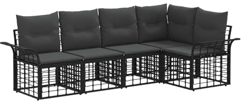 vidaXL Outdoor-Sofagarnitur 5 pcs Schwarz und Dunkelgrau Polyester, Moderne, wetterfeste, verstellbare Fußpolster, Sitzgruppe für draußen, modulare Lounge-Sofa-Set