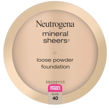 Neutrogena Mineral Sheers Lightweight Loose Powder Makeup Foundation with Vitamins A, C, & E, Sheer to Medium Buildable Coverage, Skin Tone Enhancer, Face Redness Reducer, Nude 40,.19 oz