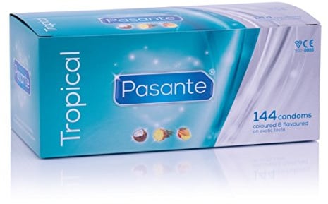 Pasante Tropical Flavours, bunte Kondome mit Geschmack - Kondome für Oralverkehr (Ananas, Kokos, Mango), 1 x 144 Stück