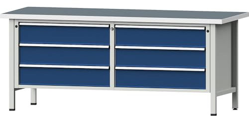 ANKE | Werkbank mit XL/XXL-Schubladen | Gestellbauweise | Breite 2000 mm | 6 Schubladen 180 mm | Universalplatte | Front enzianblau