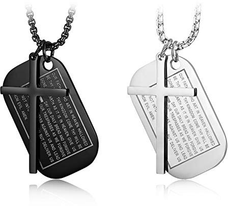 JewelryWe Schmuck 2pcs Herren Kreuz Halskette, Retro Kruzifix Englisch Bibel Herr Gebet Erkennungsmarken Dog Tag Anhänger mit 24 Zoll Kette, Edelstahl, Schwarz Silber, kostenlos Gravur