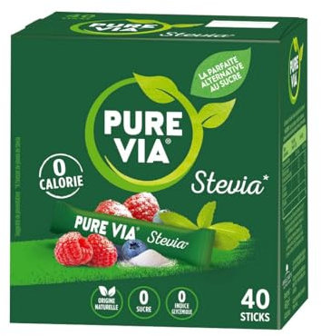 PURE VIA - Boîte 40 sticks - Stevia Poudre - Zéro Calorie