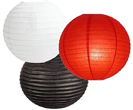 Papierlaternen, gemischte Farben, 3er-Pack runde Papierlaternen, Lampenschirm-Partydekoration (rot-schwarzer Schirm, 20 cm)