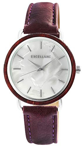 Excellanc Damen-Uhr Gehäusering aus Holz Weiß Braun Perlmutt Analog Metall Kunstleder Quarz Armbanduhr