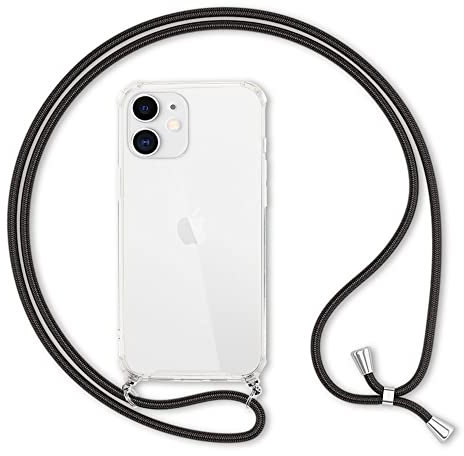 Kaliroo Necklace Case kompatibel mit iPhone 12 | iPhone 12 PRO Hülle, Transparente Schutzhülle mit Kette Slim Hardcase mit Umhänge-Band, Handy-Schnur Cover Bumper Handy-Tasche & Kordel, Farbe:Schwarz