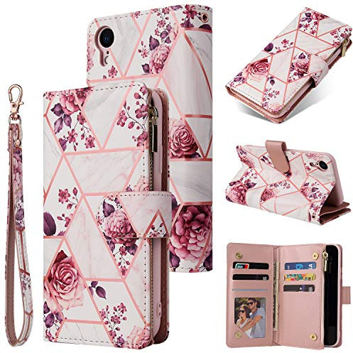 UEEBAI Wallet Case for iPhone XR, Premium PU Leather Case Magnetic Closure Geometric Marble Flower Pattern Handbag Zipper Pocket Case Kickstand 6 Card Slots Shockproof Flip Cover - Rose Gold#2