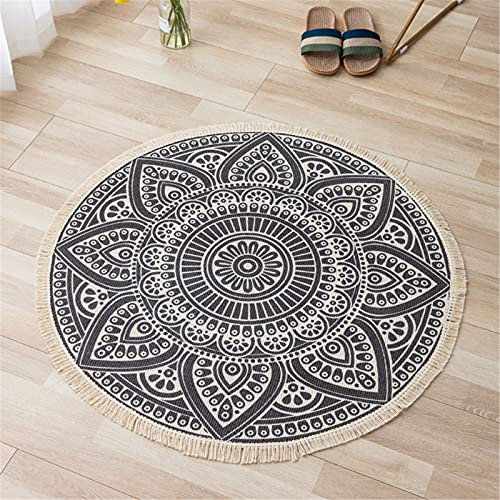 EXQULEG Teppiche Mandala Runde Teppiche, Boho Teppiche mit Quasten, Handgewebte Baumwolle Teppiche für Schlafzimmer Wohnzimmer Hausdekor (008,90 x 90cm)