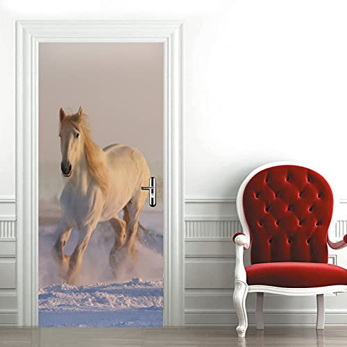 A.Monamour Türtapete Selbstklebend Türfolie Türposter 3D EIN Weißes Pferd Das Im Winter Auf Schnee Läuft Vinyl Folie Türdeko Tapete Wandbild Türaufkleber Türtattoo 85 x 200 cm
