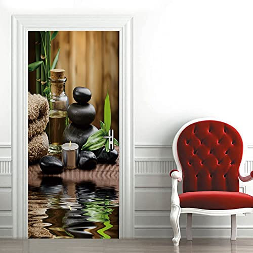 A.Monamour Türtapete Selbstklebend Türfolie Türposter 3D Schwarze Spa-Steine Grünes Bambus Wasser Zen Vinyl Folie Türdeko Tapete Wandbild Türaufkleber Türtattoo 77 x 200 cm