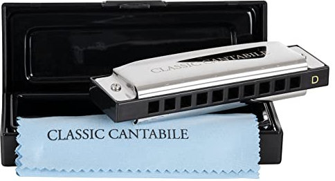 Classic Cantabile AHB-250 Alabama Blues Harmonica D-Dur - Ideal für Einsteiger - Diatonische Anfänger Mundharmonika m. 10 Phosphor-Bronze Stimmzungen - Edelstahlgehäuse - Inkl. Box & Pflegetuch