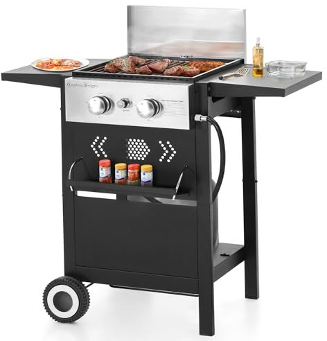 Sophia & William 2-Burner Gas Grill and Griddle Combo Portable Flat Top Grill Outdoor Propane Griddle Cooking Station with Side Shelves,Lid and Hose & Regulator for Camping BBQ, Black