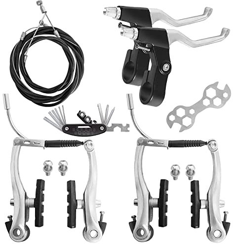 GASHWER Komplettes Fahrradbremsen-Set, Universal-Fahrradbremse vorne und hinten, innere und äußere Bremssattel, Kabelhebel-Set mit Multi-Tool-Schraubenschlüsseln, Silber