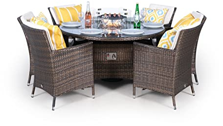 Giardino Savannah Gas Fire Pit Outdoor 6 Seater Round Rattan Dining Set - Brown