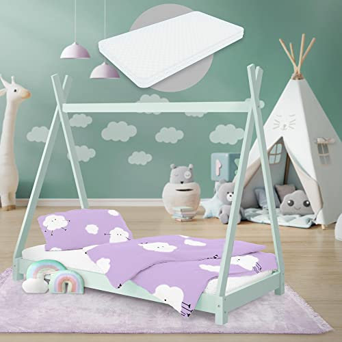 ML-Design Kinderbett Tipi 80x160 cm Mint mit Matratze und Lattenrost, Indianer Bett aus Kiefernholz, Hausbett für Mädchen und Jungen, Bodenbett Kinderhaus Jugendbett Holzbett Bettenhaus Spielbett Zelt