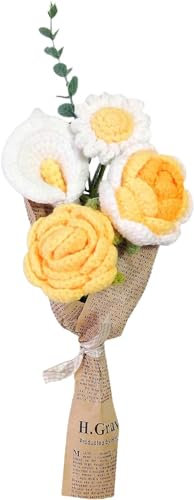 DRYFAL Fertig gestrickter gehäkelter Blumenstrauß, handgehäkelter Blumenstrauß, gemischt, handgefertigt, gestrickte Blume, Rose, Sonnenblume, Gänseblümchen, künstliche Blume für Vase, Heimdekoration,